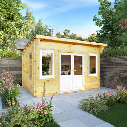 The 4m x 3m Tawny Curved Roof Log Cabin with White UPVC