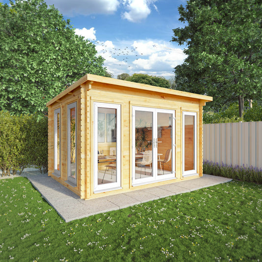 The 4m x 3m Wren Pent Log Cabin with White UPVC