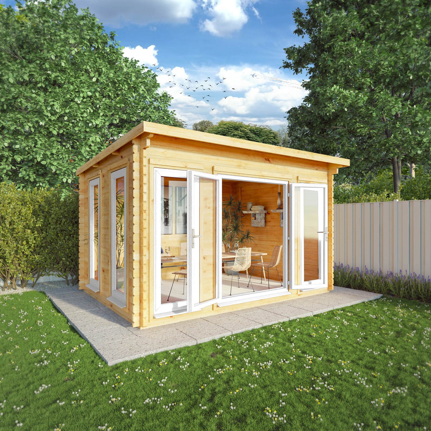 The 4m x 3m Wren Pent Log Cabin with White UPVC