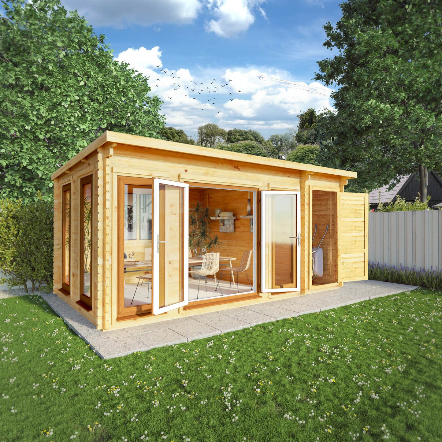 The 5.1m x 3m Wren Log Cabin with Side Shed and Oak UPVC