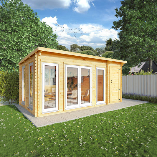 The 5.1m x 3m Wren Log Cabin with Side Shed and White UPVC