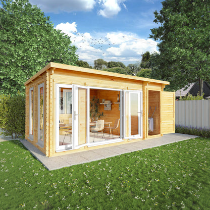 The 5.1m x 3m Wren Log Cabin with Side Shed and White UPVC