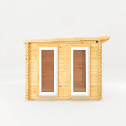 The 5.1m x 3m Wren Log Cabin with Side Shed and White UPVC