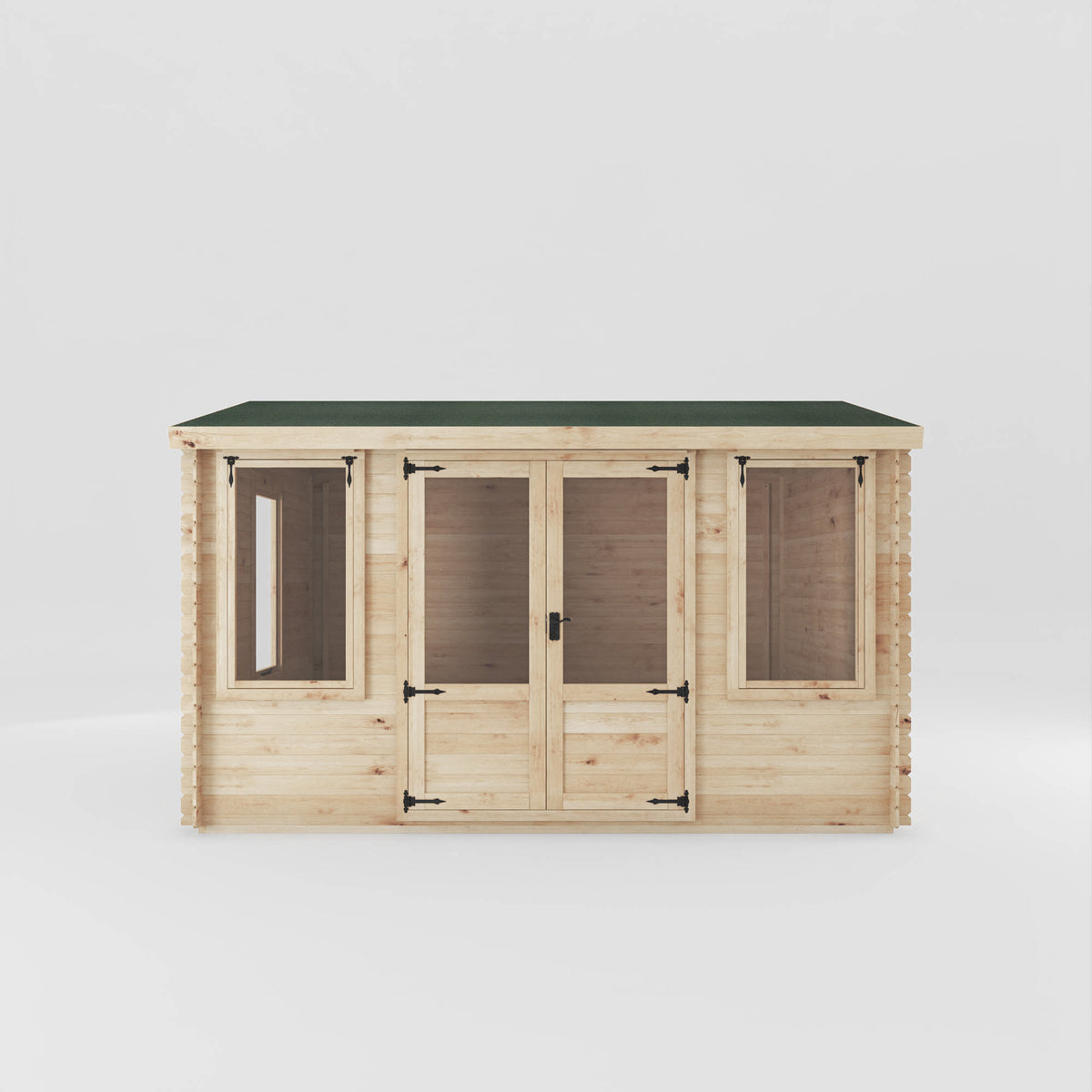 Wooden log cabin with a green roof on a white background