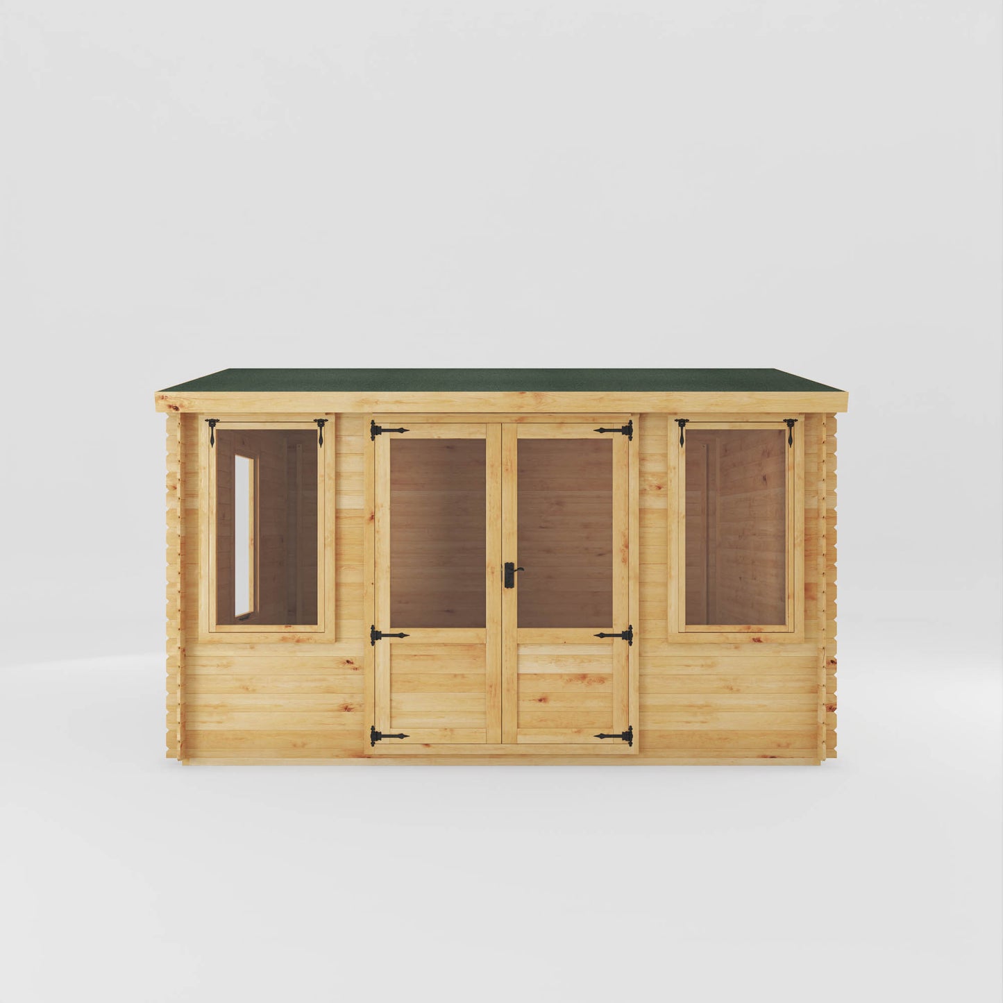 Timber log cabin with double doors, large windows and apex roof