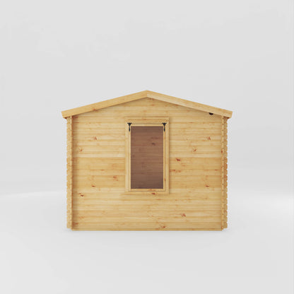 Timber log cabin with double doors, large windows and apex roof