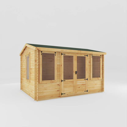 Timber log cabin with double doors, large windows and apex roof