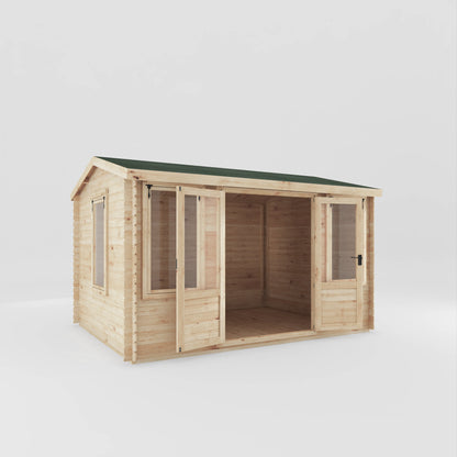 Wooden log cabin with a green roof on a white background