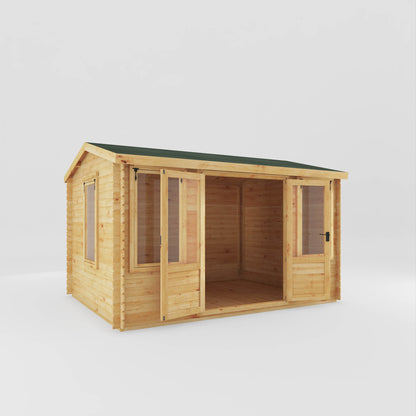 Timber log cabin with double doors, large windows and apex roof