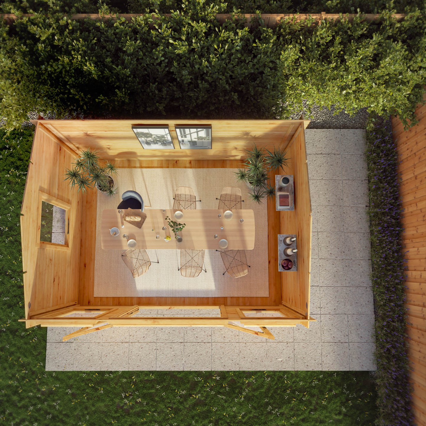 Timber log cabin with double doors, large windows and apex roof being used as a dining room