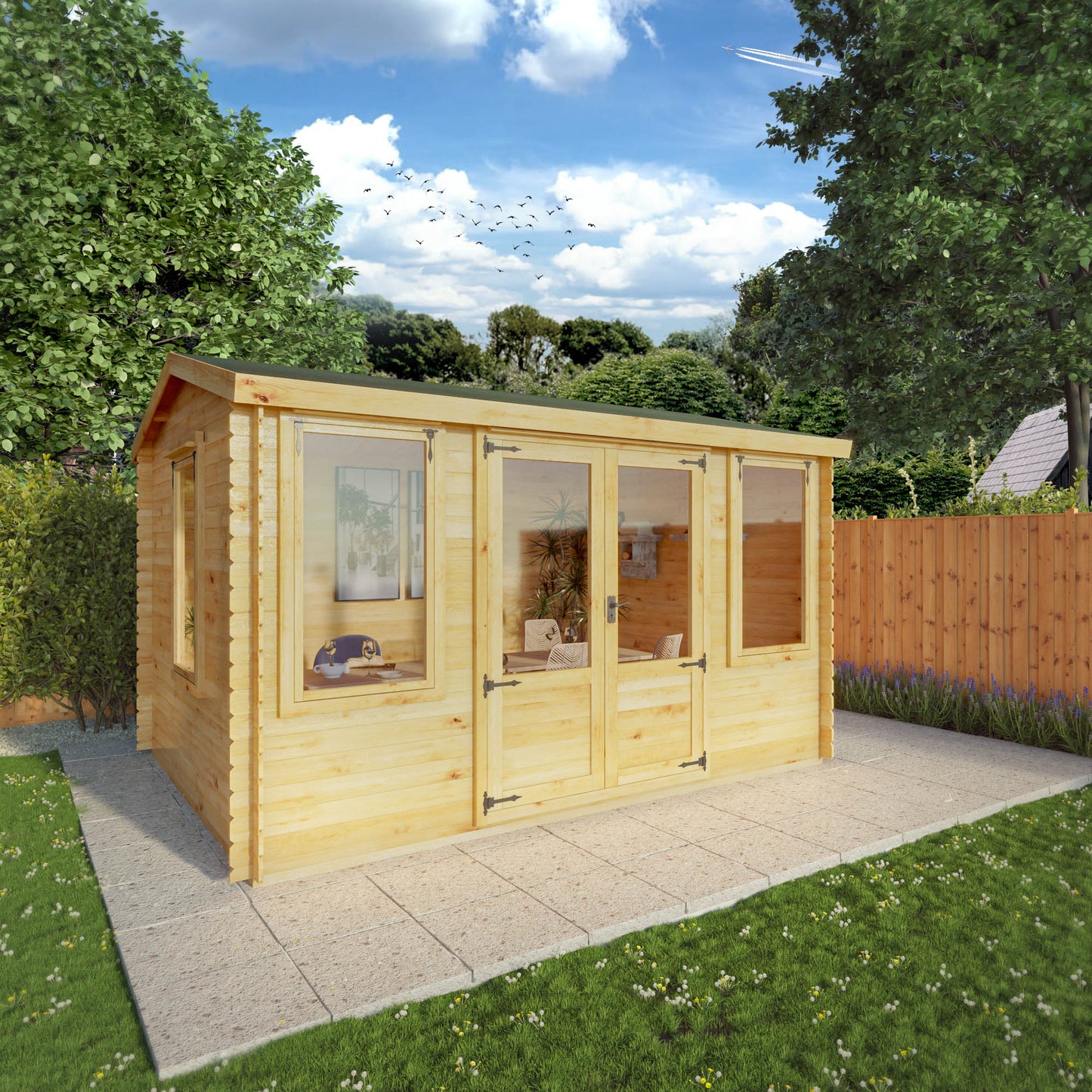 Timber log cabin with double doors, large windows and apex roof being used as a dining room