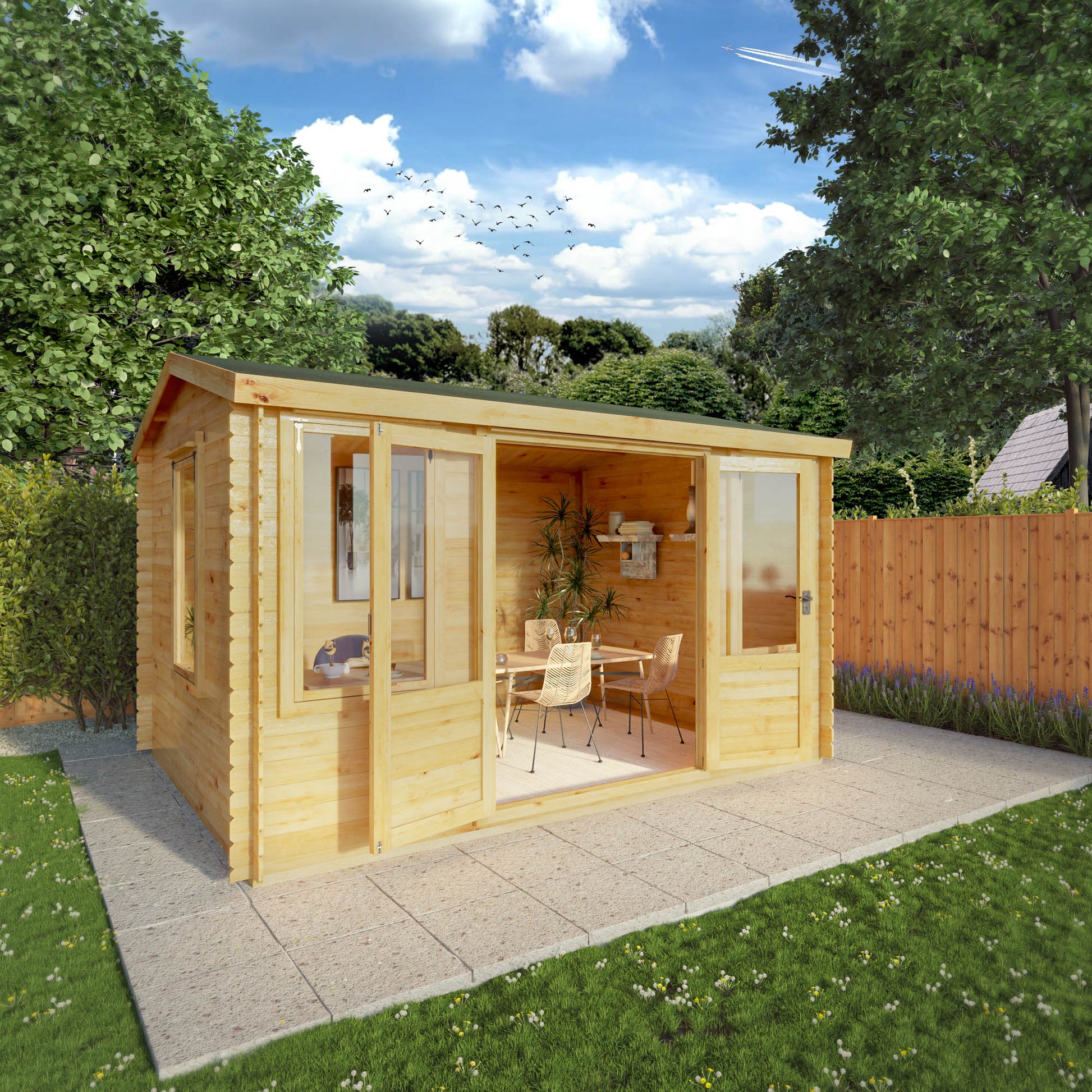 Timber log cabin with double doors, large windows and apex roof being used as a dining room