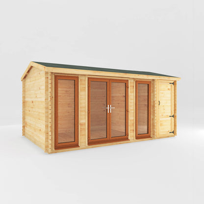 The 5.1m x 3m Dove Log Cabin with Side Shed with Oak UPVC