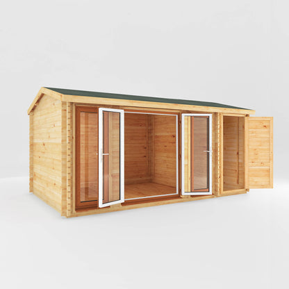 The 5.1m x 3m Dove Log Cabin with Side Shed with Oak UPVC