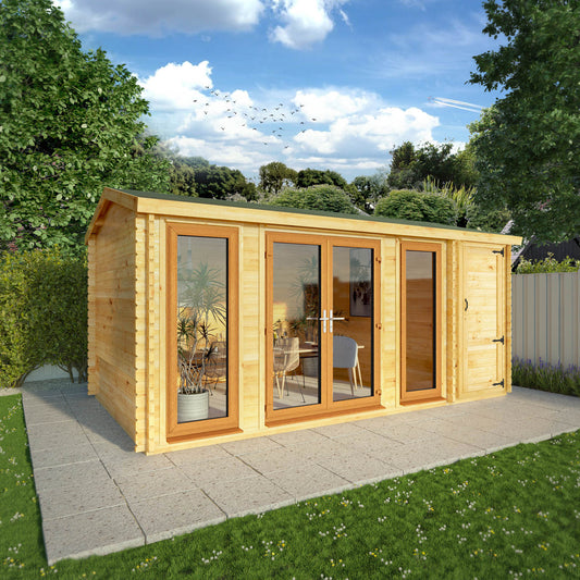 The 5.1m x 3m Dove Log Cabin with Side Shed with Oak UPVC