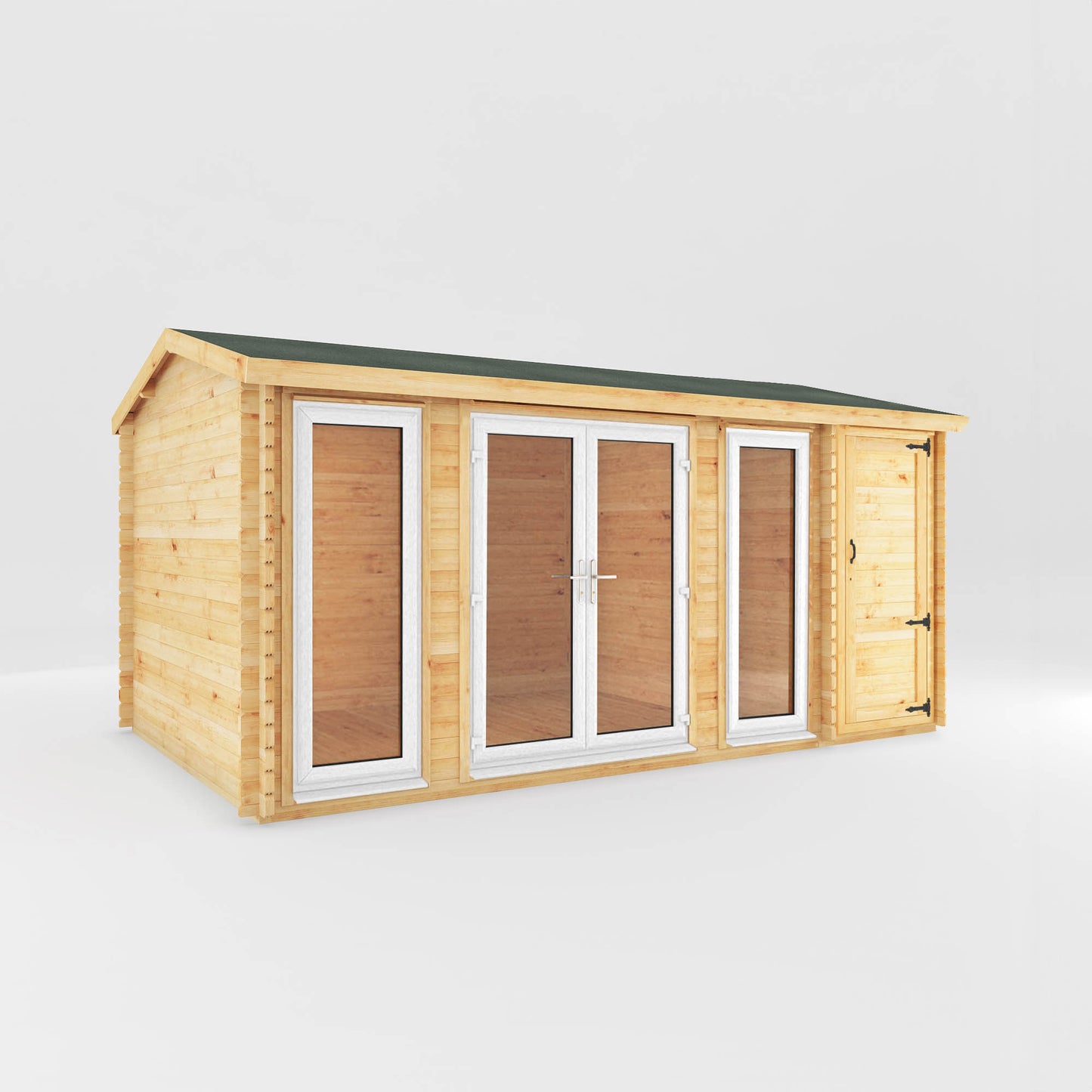 The 5.1m x 3m Dove Log Cabin with Side Shed with White UPVC