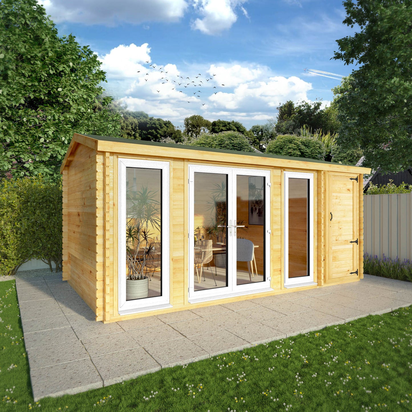 The 5.1m x 3m Dove Log Cabin with Side Shed with White UPVC