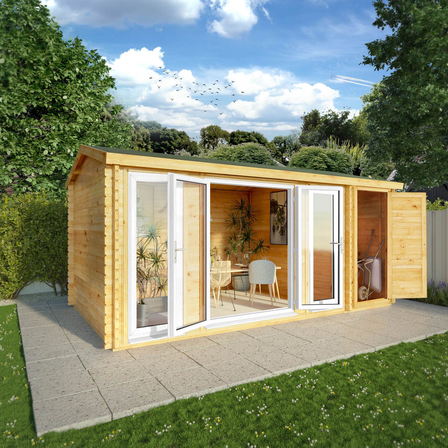 The 5.1m x 3m Dove Log Cabin with Side Shed with White UPVC