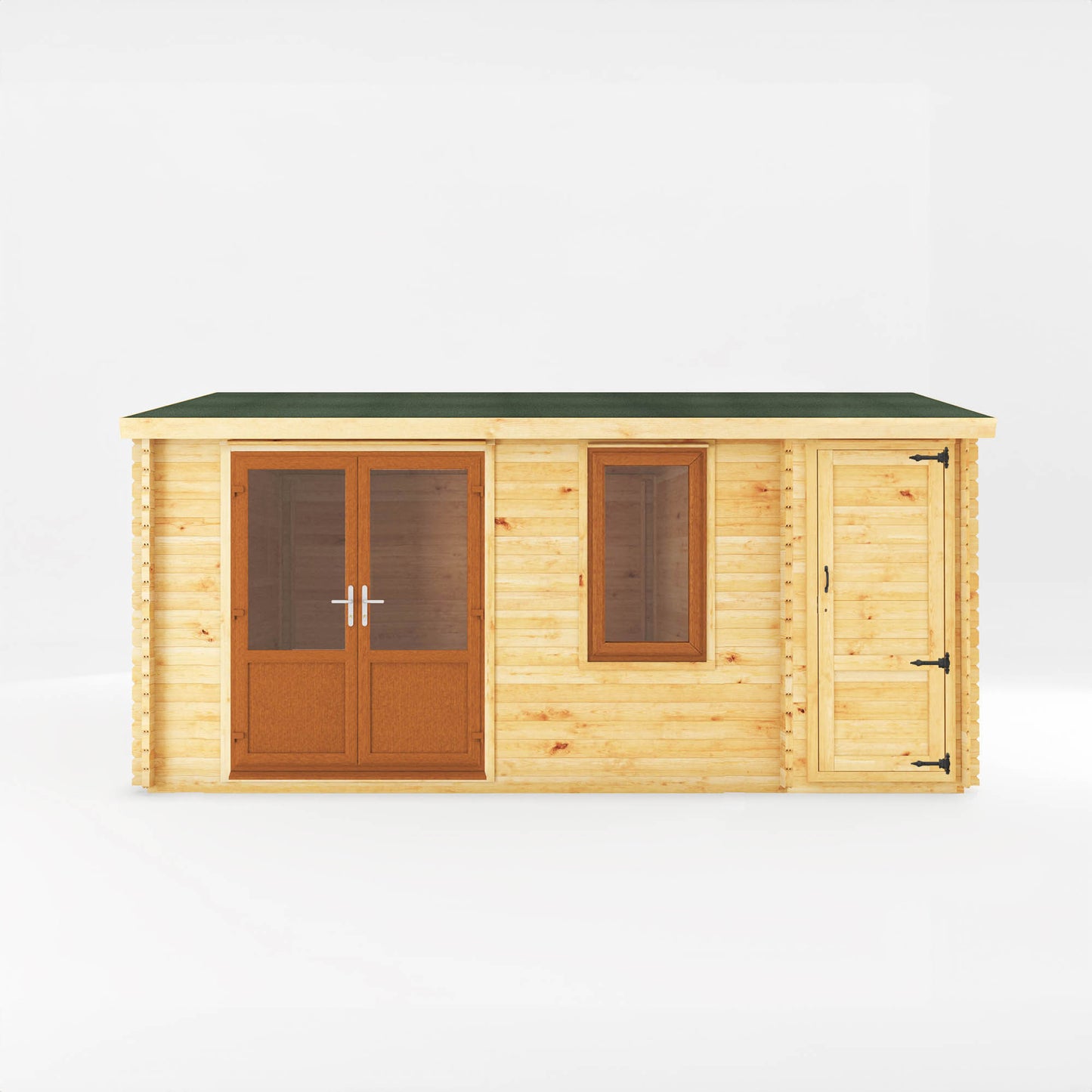 The 5.1m x 4m Robin Log Cabin With Side Shed and Oak UPVC