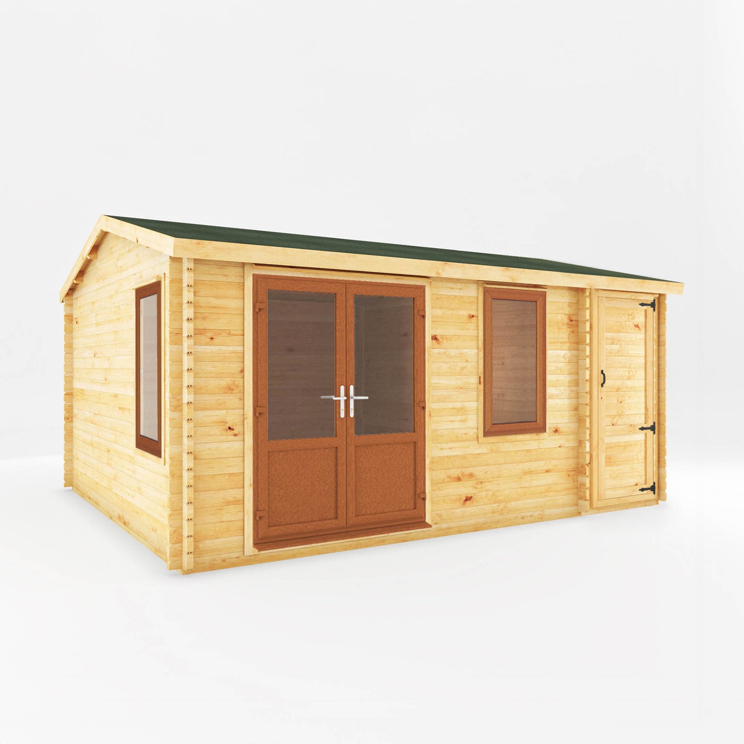 The 5.1m x 4m Robin Log Cabin With Side Shed and Oak UPVC