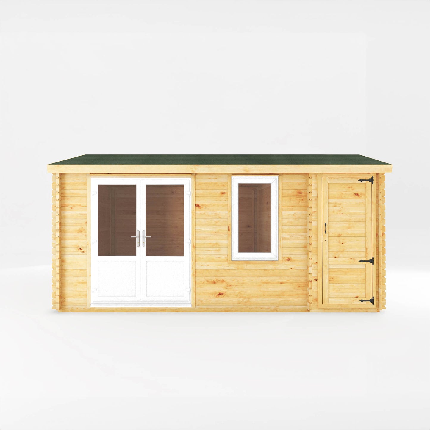 The 5.1m x 4m Robin Log Cabin With Side Shed and White UPVC