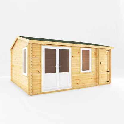 The 5.1m x 4m Robin Log Cabin With Side Shed and White UPVC