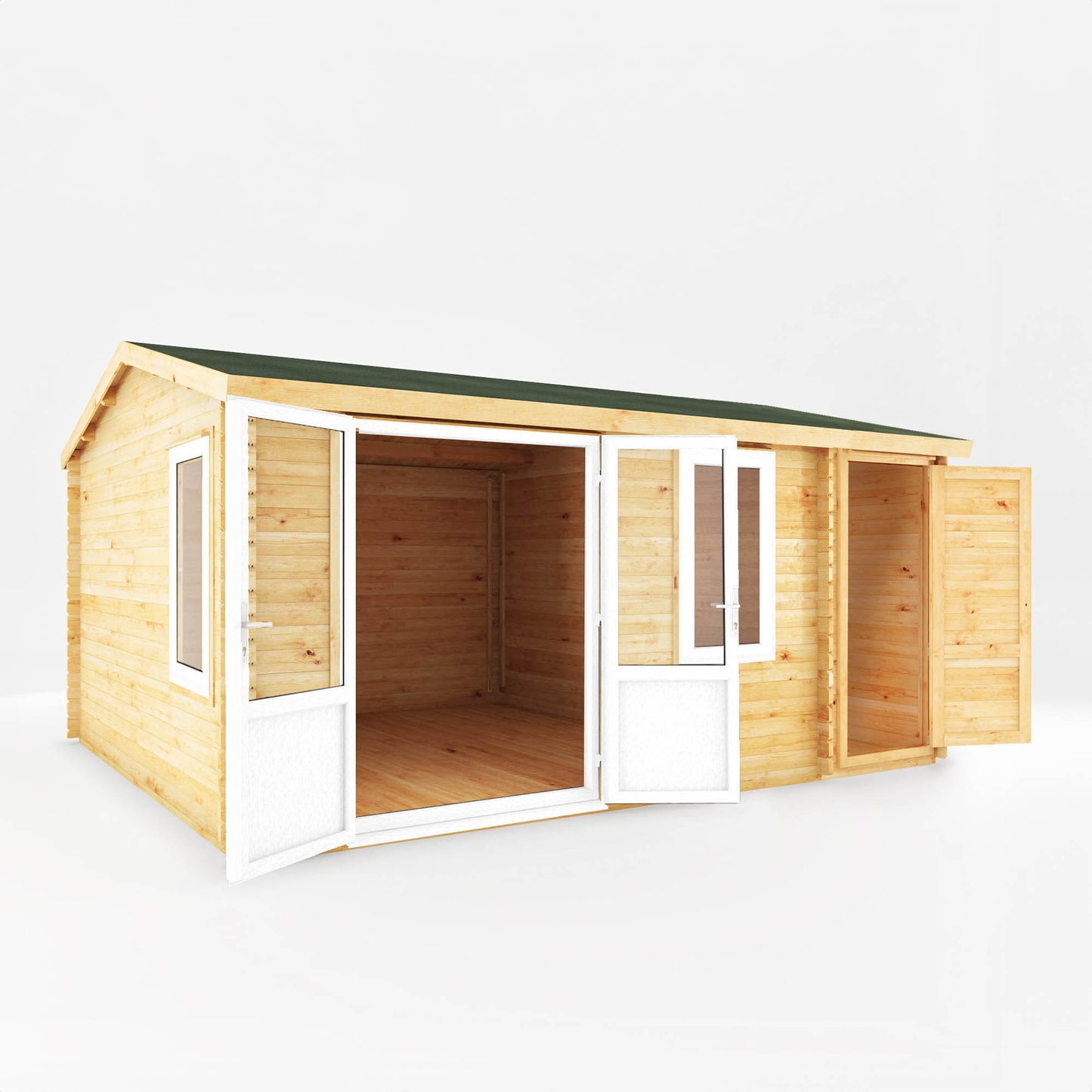 The 5.1m x 4m Robin Log Cabin With Side Shed and White UPVC