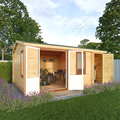 The 5.1m x 4m Robin Log Cabin With Side Shed and Oak UPVC