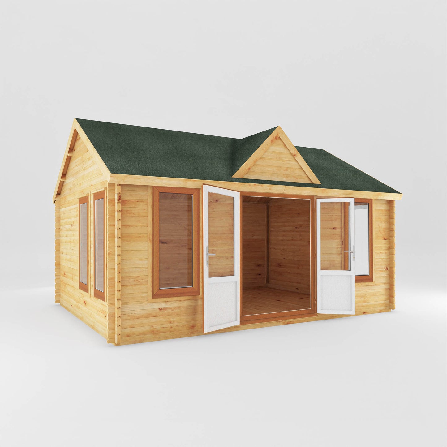 The 5.3m x 4m Grouse Log Cabin with Oak UPVC