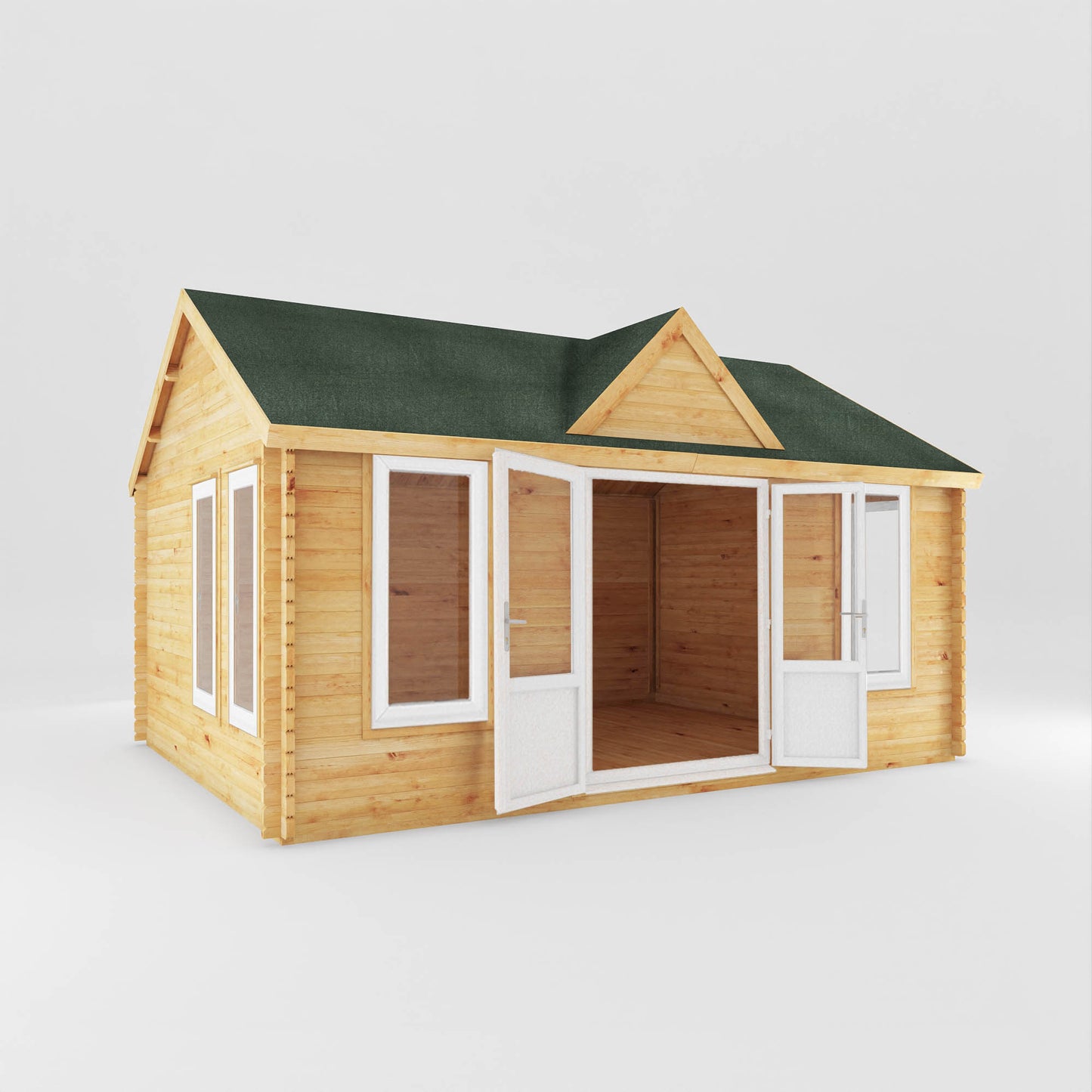 The 5.3m x 4m Grouse Log Cabin with White UPVC