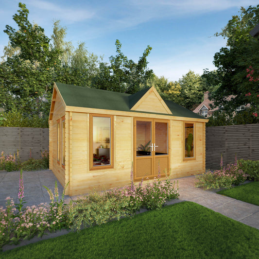 The 5.3m x 4m Grouse Log Cabin with Oak UPVC
