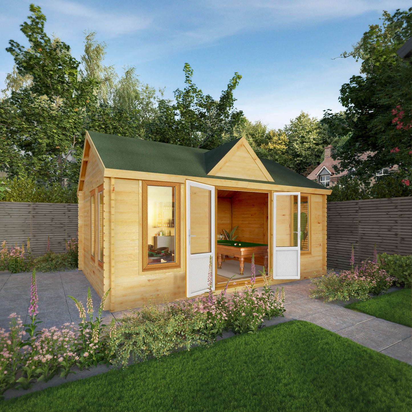 The 5.3m x 4m Grouse Log Cabin with Oak UPVC