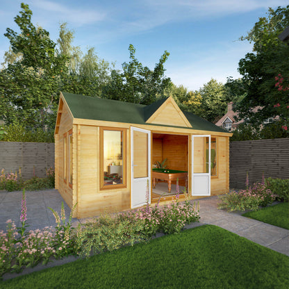 The 5.3m x 4m Grouse Log Cabin with Oak UPVC