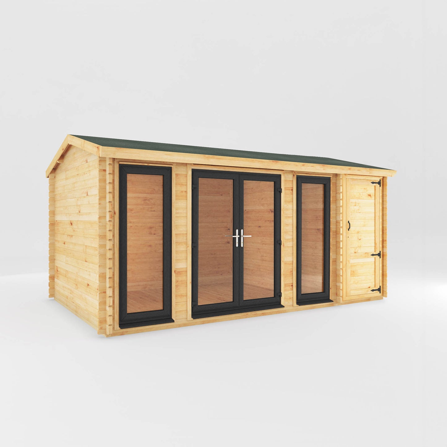 The 5.1m x 3m Dove Log Cabin with Side Shed with Anthracite UPVC