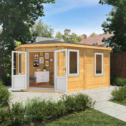 The 5m x 3m Goldcrest Log Cabin with White UPVC