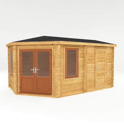 The Goldcrest 5m x 3m Log Cabin with Side Shed and Oak UPVC