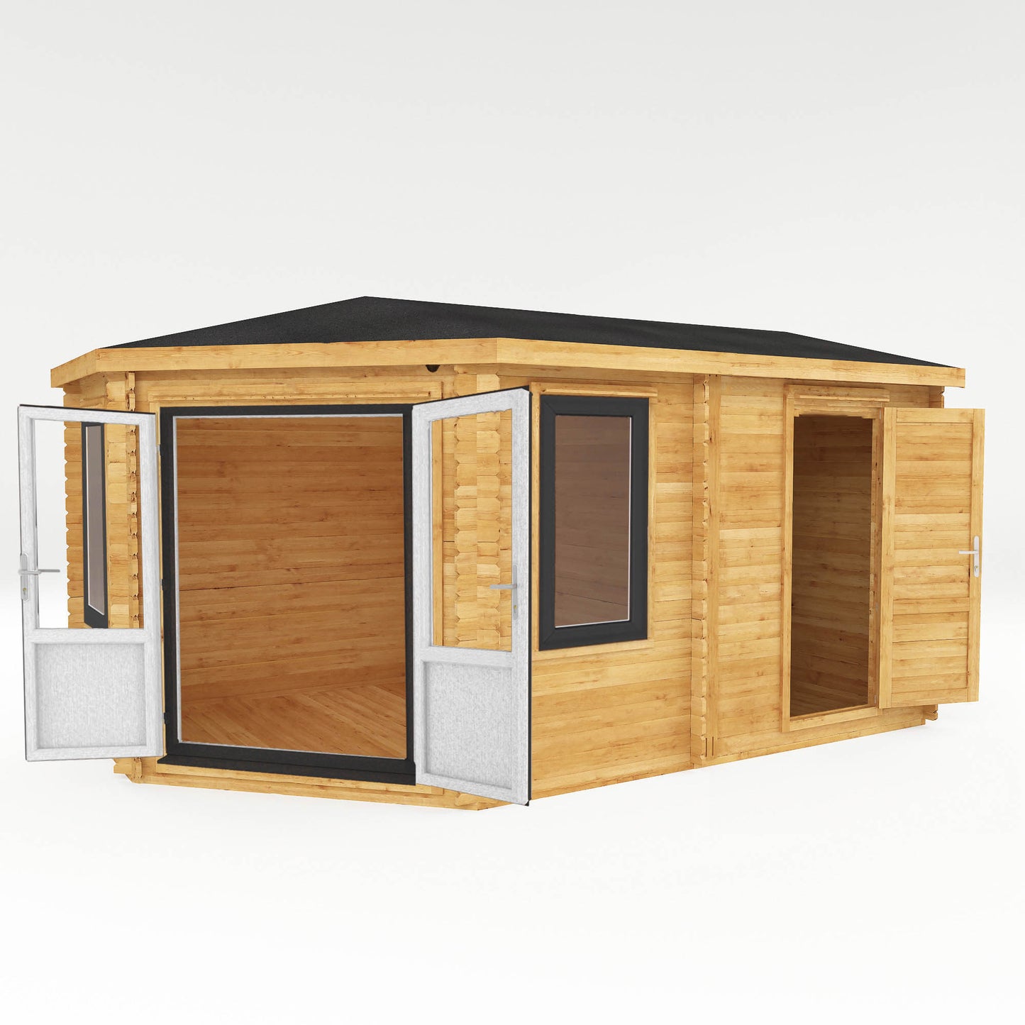 The Goldcrest 5m x 3m Log Cabin with Side Shed and Anthracite UPVC