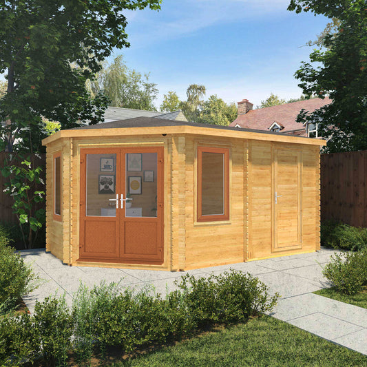 The Goldcrest 5m x 3m Log Cabin with Side Shed and Oak UPVC