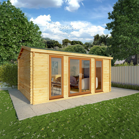 The 5m x 4m  Dove Log Cabin with Oak UPVC