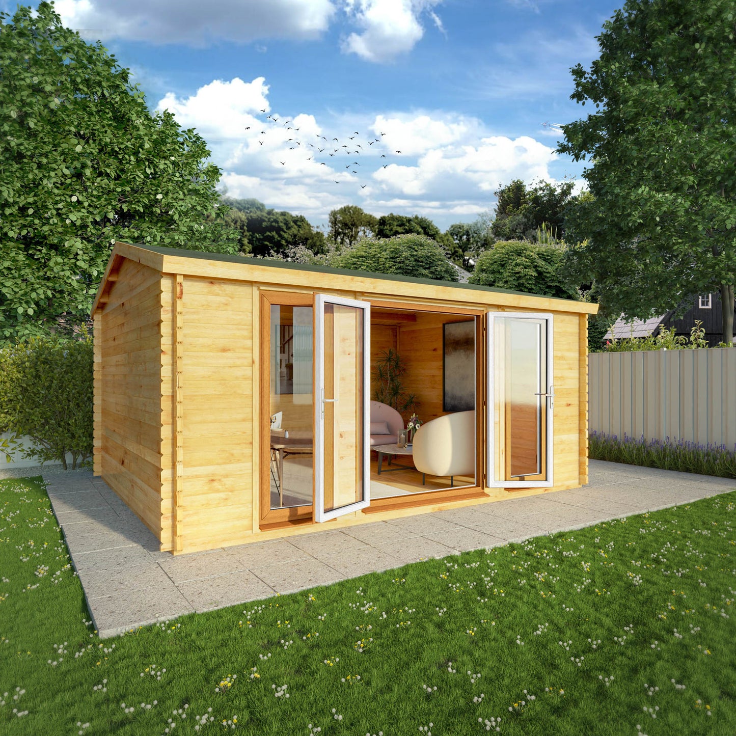 The 5m x 4m Dove Log Cabin with Oak UPVC