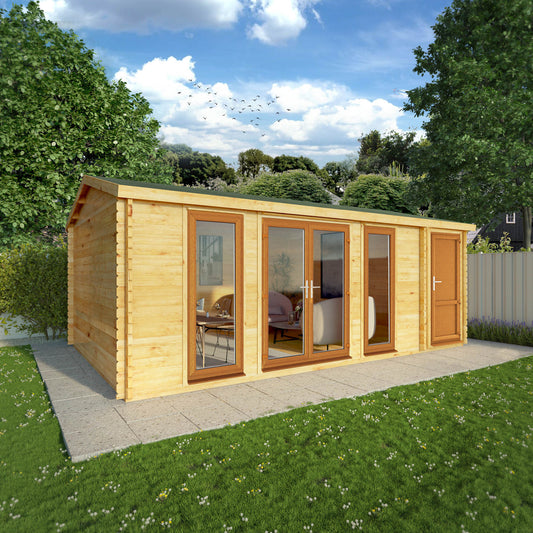 The 6.1m x 4m Dove Log Cabin with Side Shed and Oak UPVC