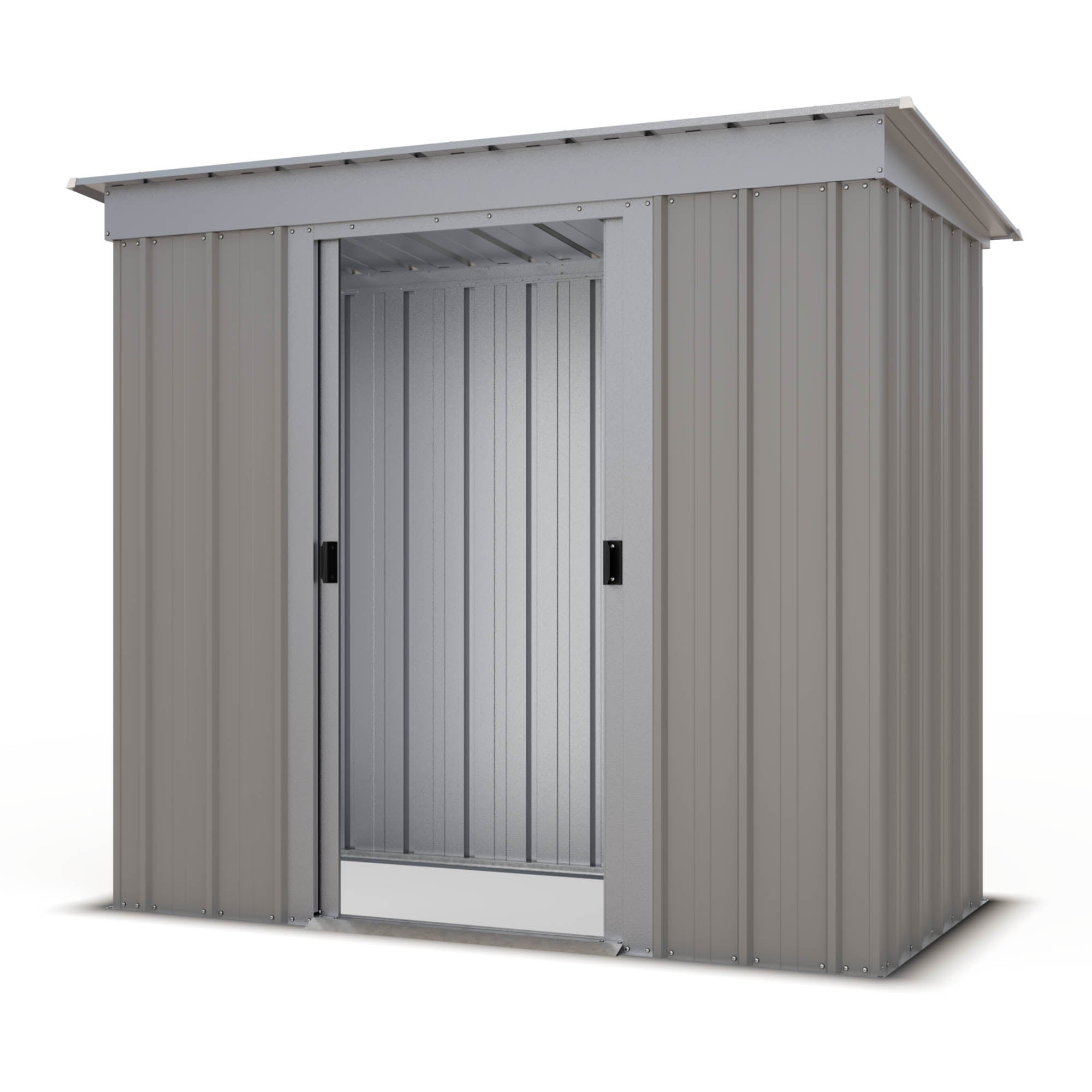 A gray Yardmaster 'Platinum' 6 x 4 Tall Pent Metal Shed with a double sliding door.