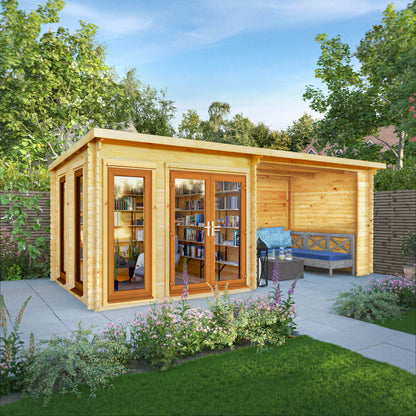 The 6 x 3m Wren Log Cabin with Patio Area and Oak UPVC