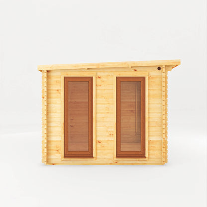 The 6m x 3m Wren Log Cabin with Slatted Area and Oak UPVC