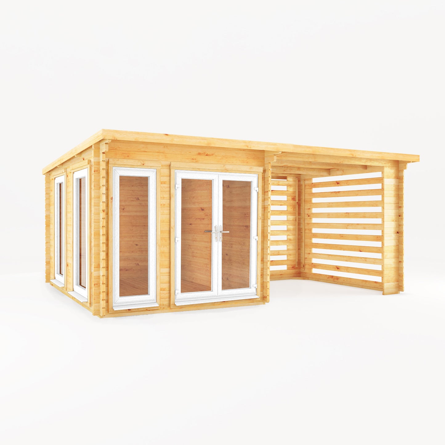 The 6m x 3m Wren Log Cabin with Slatted Area and White UPVC