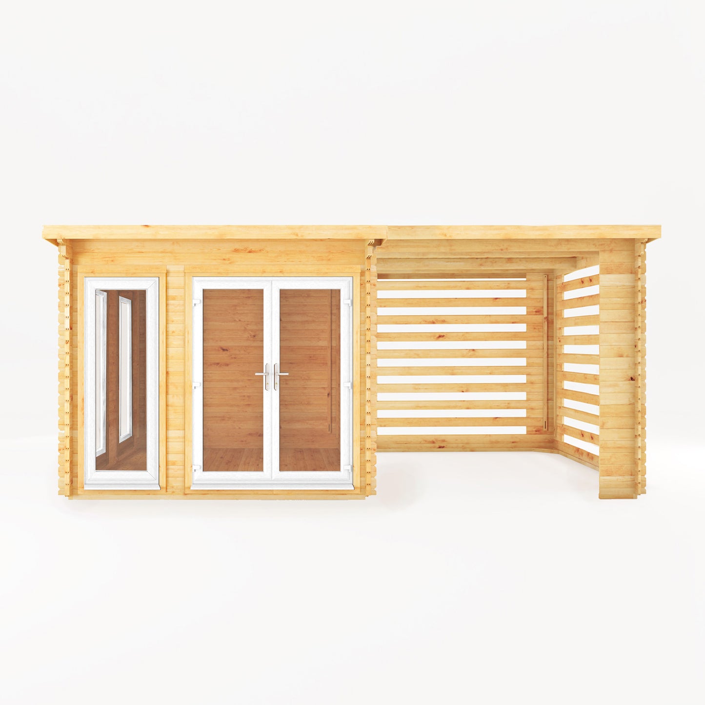 The 6m x 3m Wren Log Cabin with Slatted Area and White UPVC