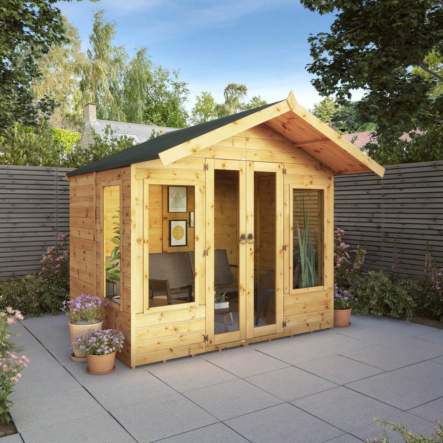 A wooden summerhouse with double doors and large windows