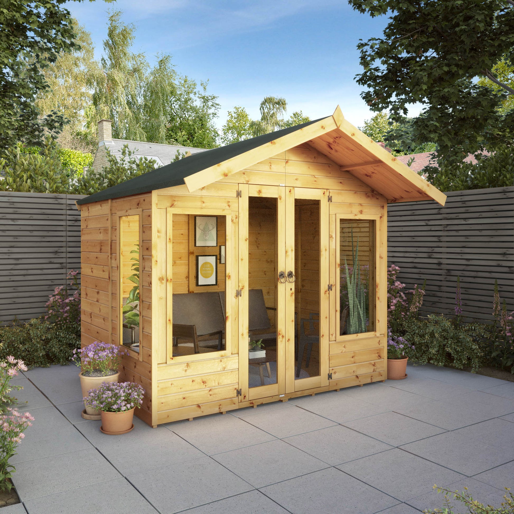 A wooden summerhouse with double doors and large windows