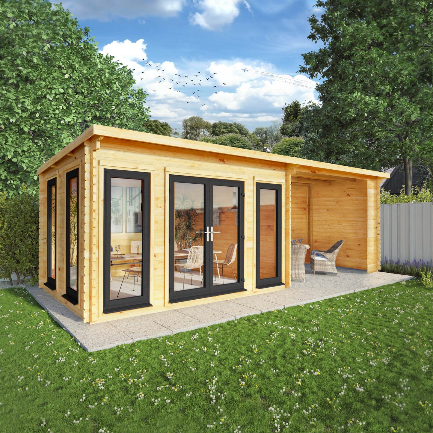 The 7m x 3m Wren Log Cabin with Patio Area and Anthracite UPVC