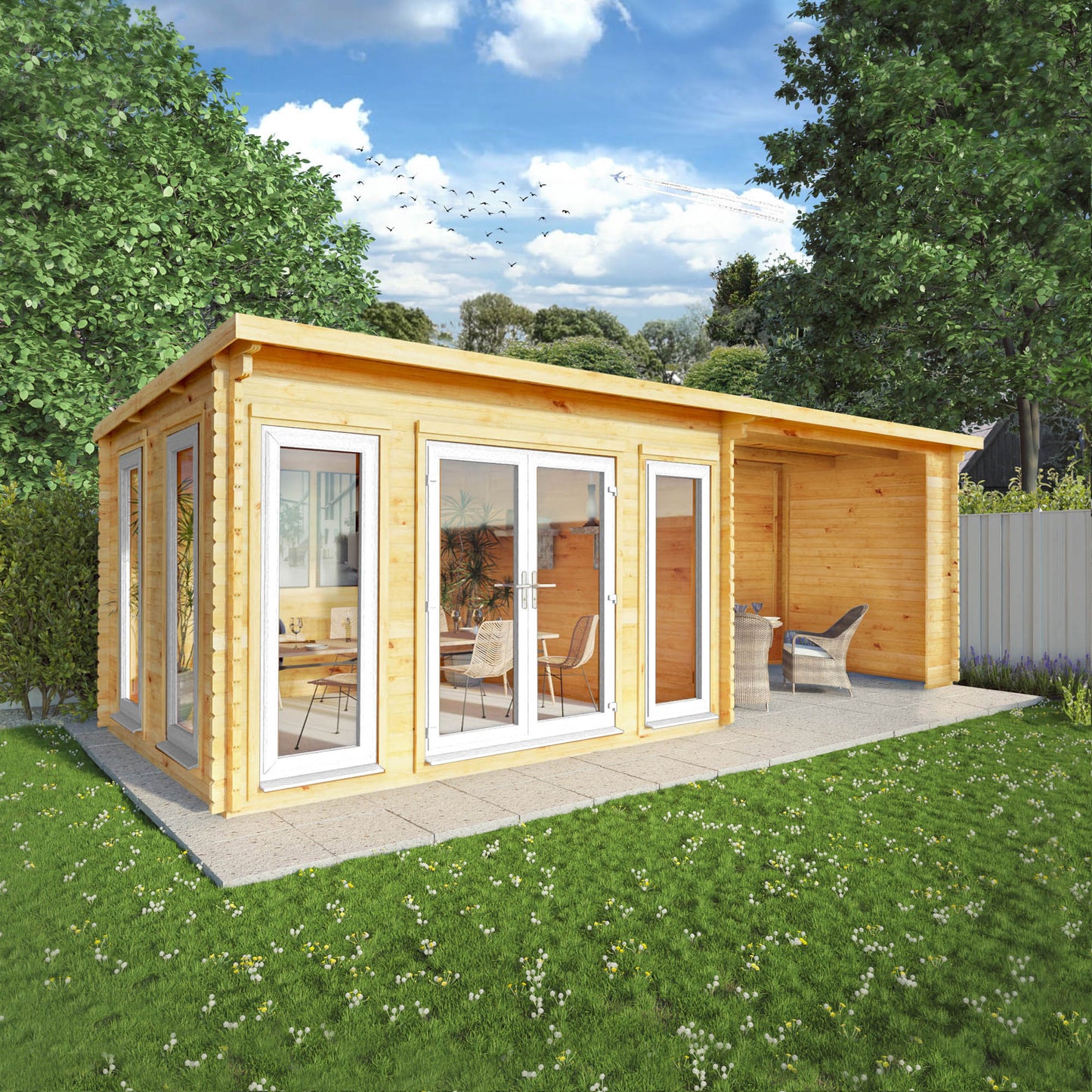 The 7m x 3m Wren Log Cabin with Patio Area and White UPVC